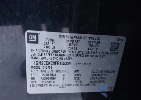 2015 Chevrolet Tahoe Ltz z USA, uszkodzony, nr VIN 1GNSCCKC8FR105339